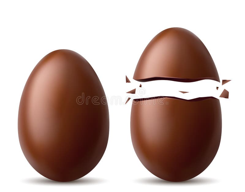 Realistic set of chocolate eggs. Broken, torn eggshell, two halves and a whole chicken egg royalty free illustration