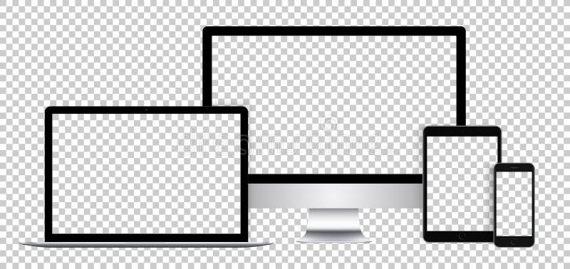 Realistic set of electronic devices, black display, laptop, tablet and phone with empty screen. stock illustration