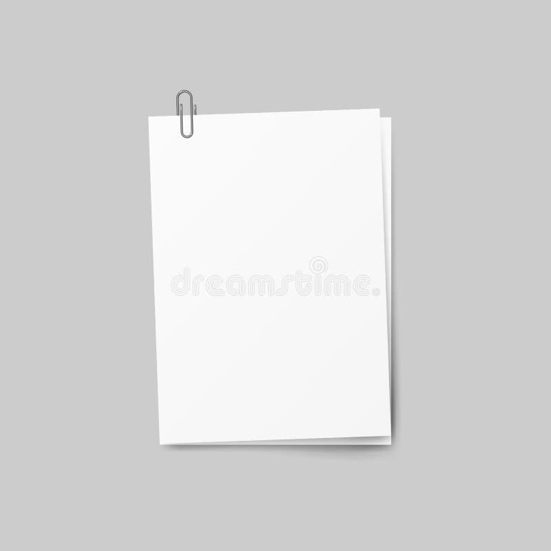 Realistic several sheets of paper and a metal paper clip isolated on background.