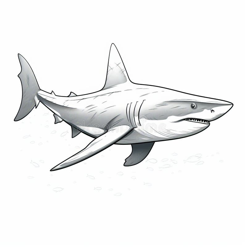 Realistic Shark Coloring Page with Line Drawing Style Tail Stock ...