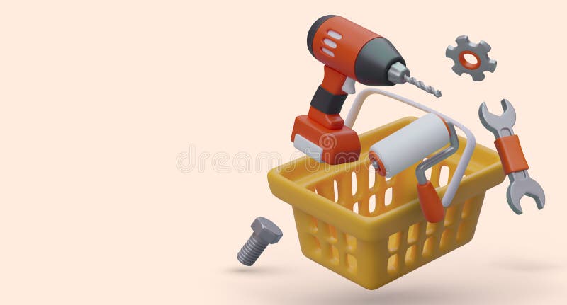 Realistic shopping cart with working tools. Paint roller brush, electric drill, wrench, bolt, gear