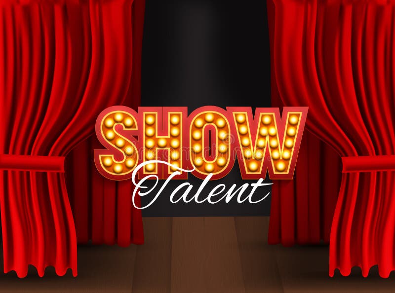 Realistic Show Announcement Board with Bulb Frame on Curtains