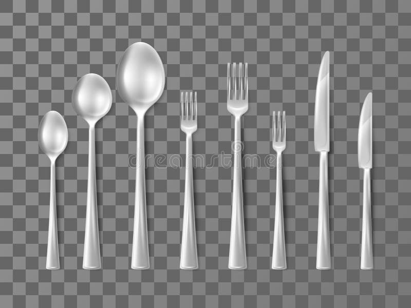 Realistic Silverware. Metal Cutlery. Flatware Collection. 3D Spoons