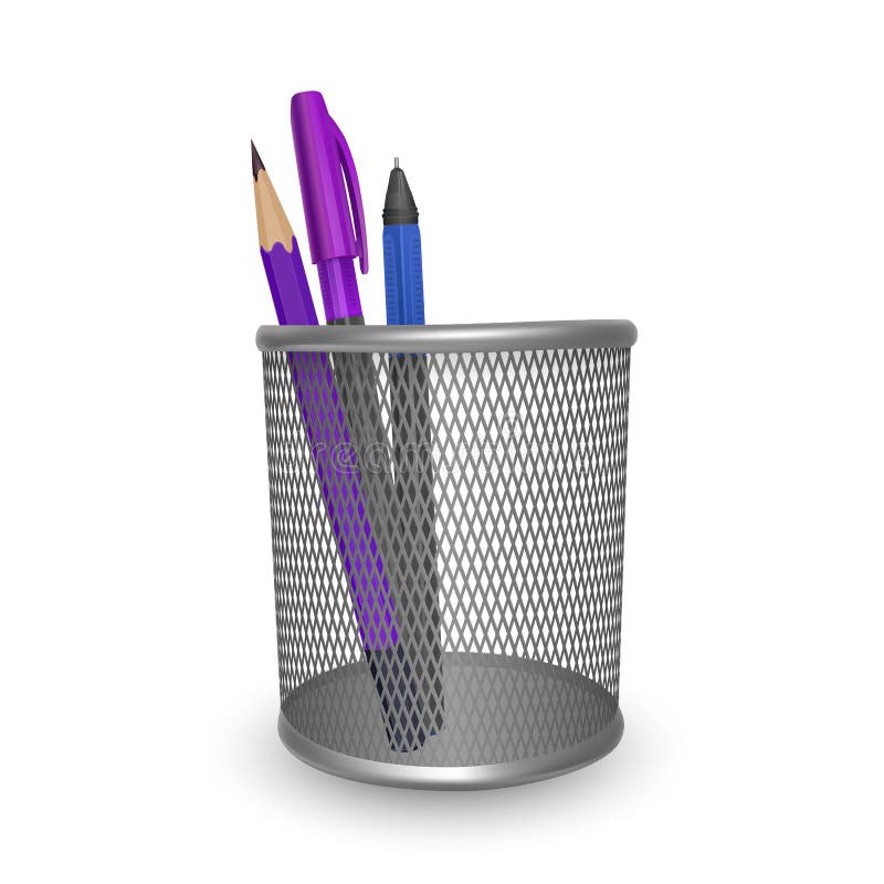 Realistic simple pencil and two pens, office and stationery in the basket on white background, vector illustration