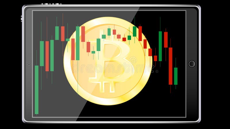 A realistic smart tablet computer with a bitcoin coin, a crypto currency in the background of the exchange chart of price changes stock illustration