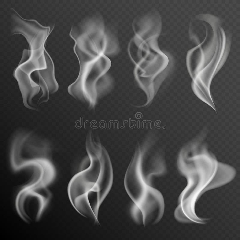 Realistic smoke. White food steam hookah hot tea coffee smoke texture isolated on black background set