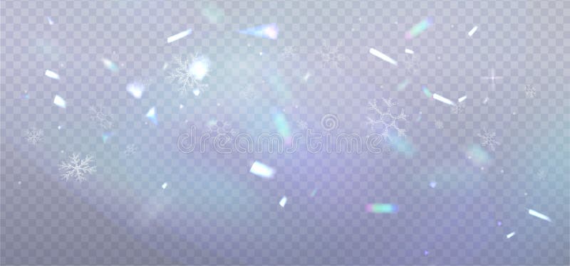 Realistic snow fallen on transparent background with reflection light prism effect. Abstract dust particles, white confetti winter stock illustration