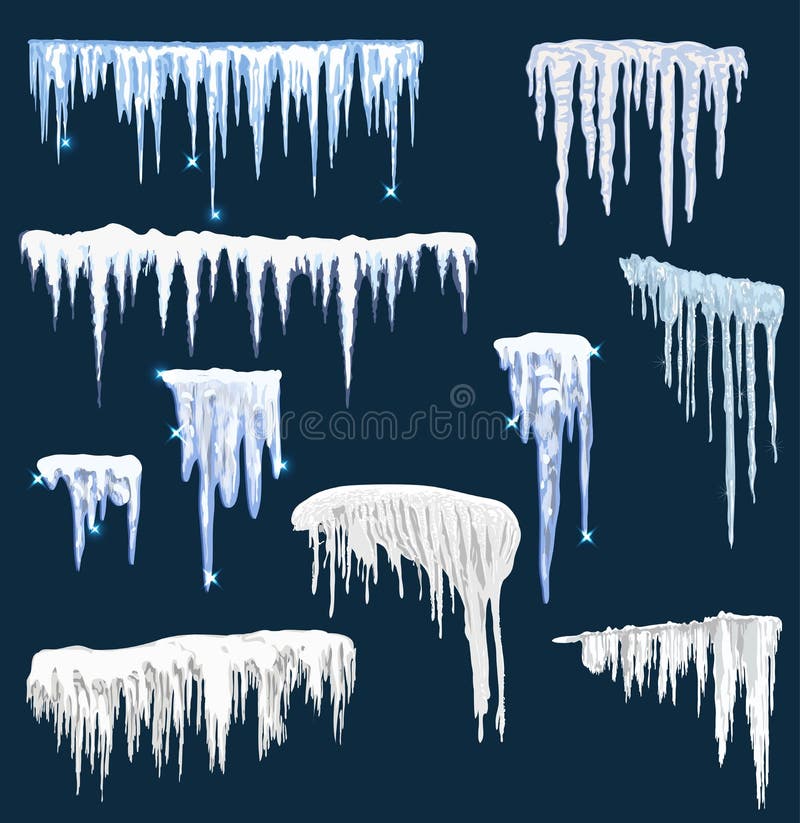 Realistic snow icicles. Icicle ice with snowcap on top. Winter snowing borders for christmas cards design. Frost neve