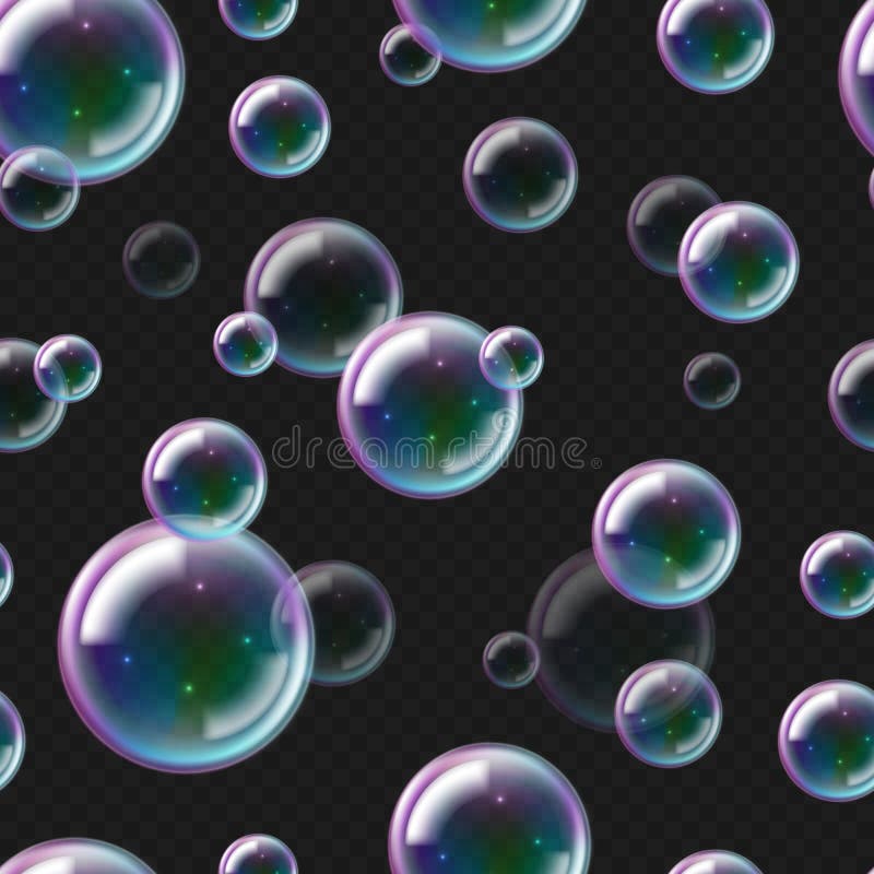 Realistic soap bubbles pattern. 3D seamless texture of flying foam. Underwater air balls on transparent background