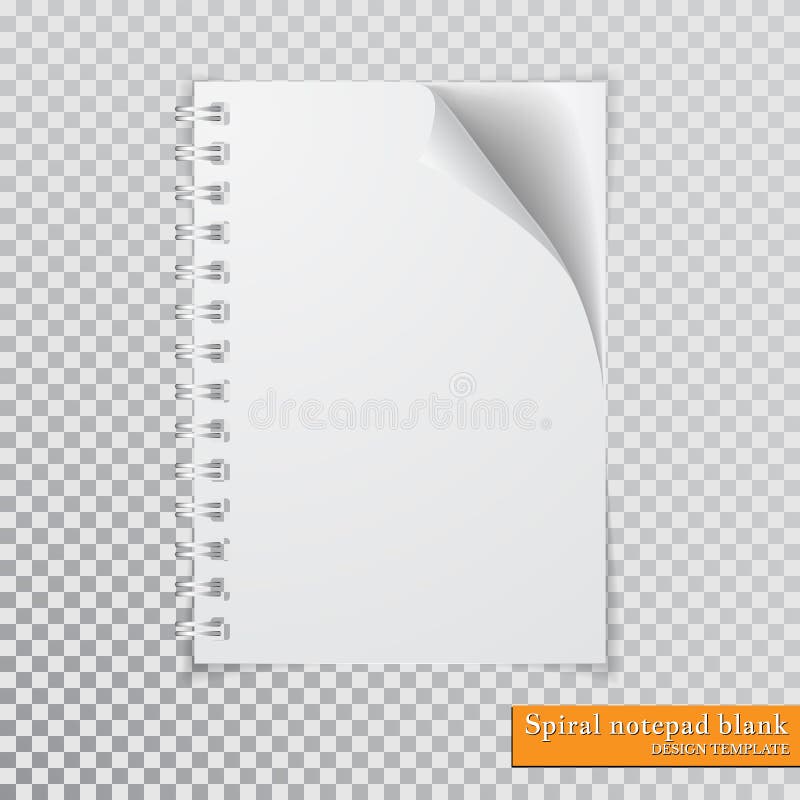 Realistic spiral notepad blank with cornered sheet of paper mock up on transparent background. Vector vector illustration