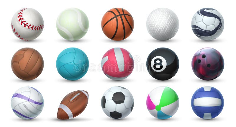 Realistic sport balls. 3D equipment for football, soccer and tennis. Vector set of balls for sport activities and games.