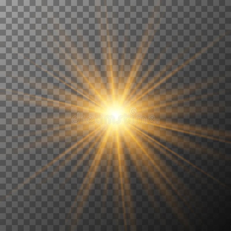 Realistic starburst lighting. Yellow sun rays and glow on transparent background. Glowing light burst explosion. Flare effect