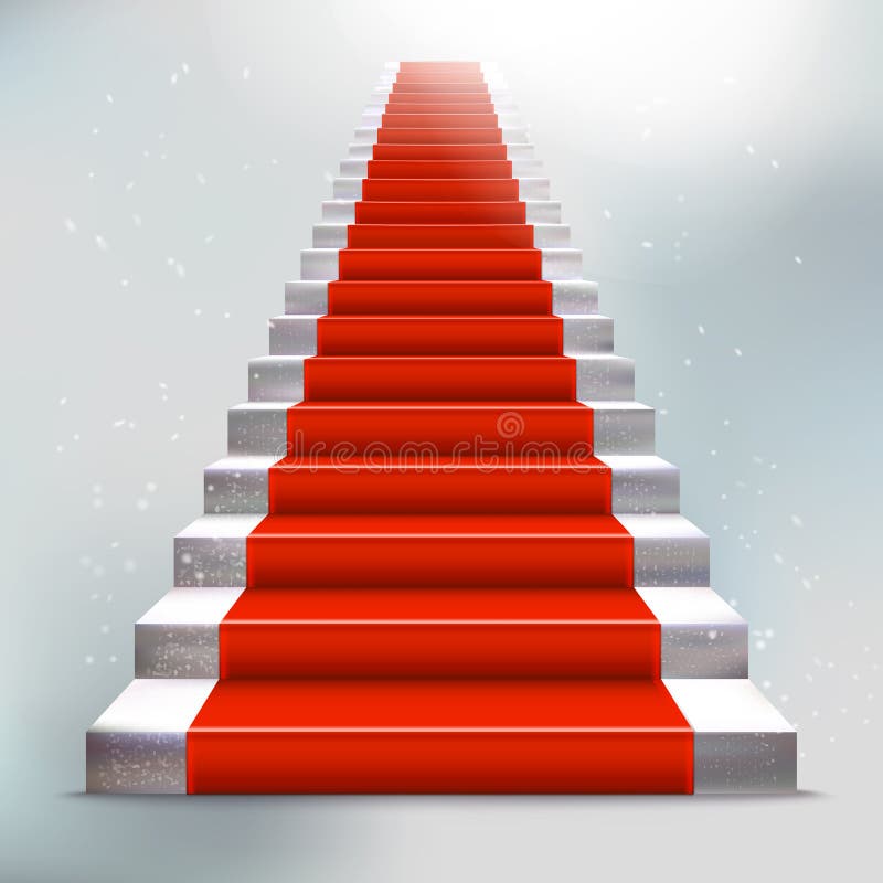 Realistic stone ladder with red carpet and light stock illustration