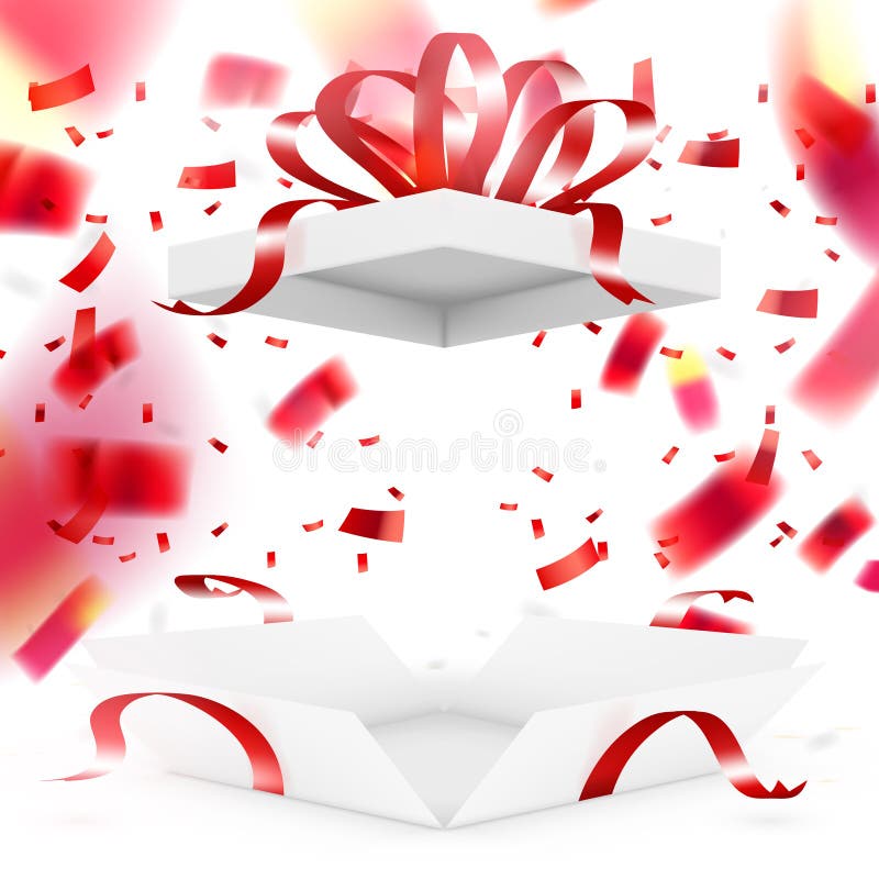 Realistic Surprise Gift Box with Falling Confetti Stock Illustration