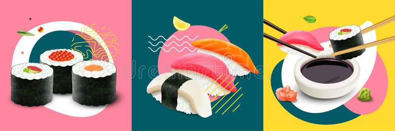Realistic Sushi Design Concept Set stock illustration