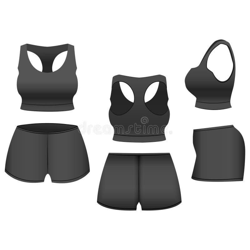Black silhouette. Set of black women sport bra and shorts. Women sport  clothes collection. Training top. Flat vector illustration isolated on  white background Stock Vector
