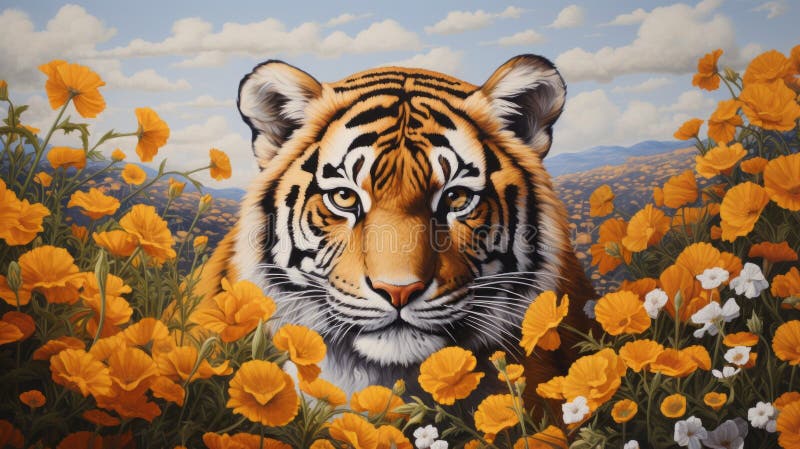 Realistic Tiger Painting Amongst Orange Flowers royalty free illustration