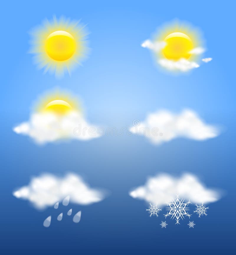 Realistic transparency sun and clouds in weather icons set