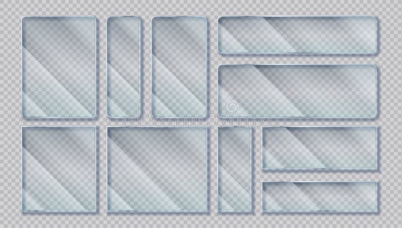 Realistic transparent banners. Window glass frames with glare reflection effect, acrylic isolated screens. Vector glossy stock illustration