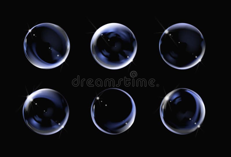 Realistic transparent soap bubble on black background. Soap.