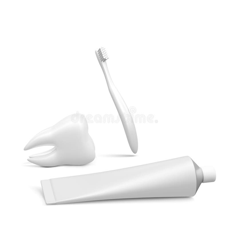 Realistic Tube Mockup Toothpaste, White Tooth and Toothbrush. Vector