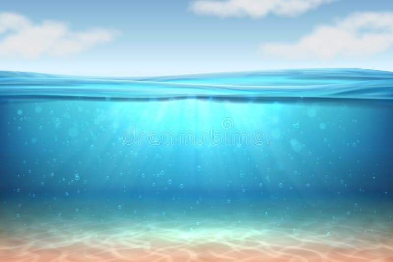 Realistic underwater background. Ocean deep water, sea under water level, sun rays blue wave horizon. Surface 3D vector