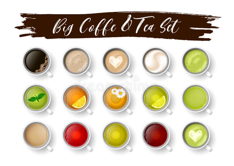 Realistic vector 3d cup of hot beverage set. 3d green, black lemon tea , mint, herbal chamomile tea, Masala tea, rooibos, matcha