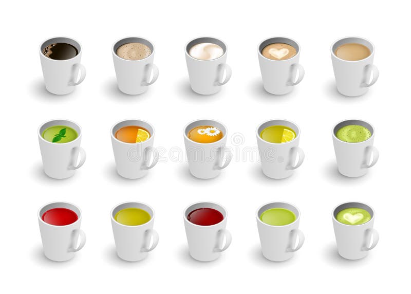 Realistic vector 3d cup of hot beverage set. Isometric green, black lemon tea , mint, herbal chamomile tea, Masala tea, rooibos