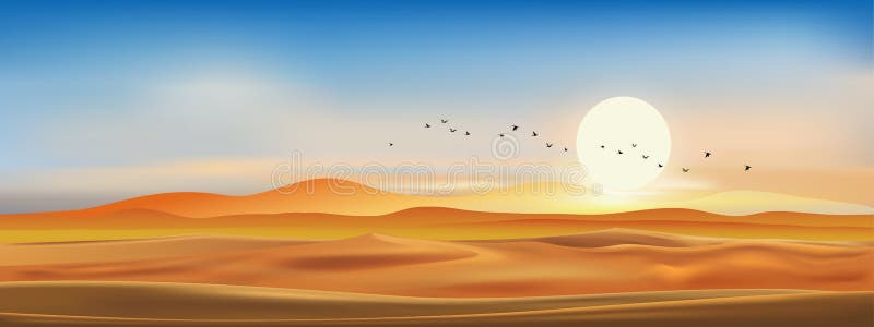 Realistic Vector Dramatic desert landscape in evening with sunset, sky line in blue pink and yellow. Template design for product or royalty free illustration