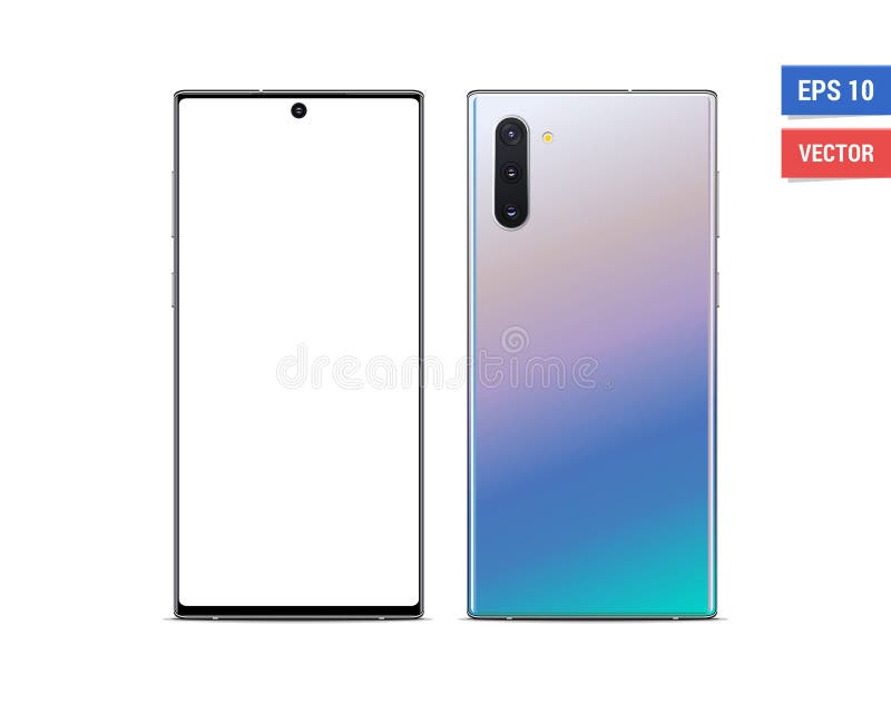 Realistic vector flat mock-up Samsung Galaxy Note 10 with blank screen isolated on white background. Scale image any resolution stock illustration Realistic vector flat mock-up Samsung Galaxy Note 10 with blank screen isolated on white background. Scale image any resolution stock illustration