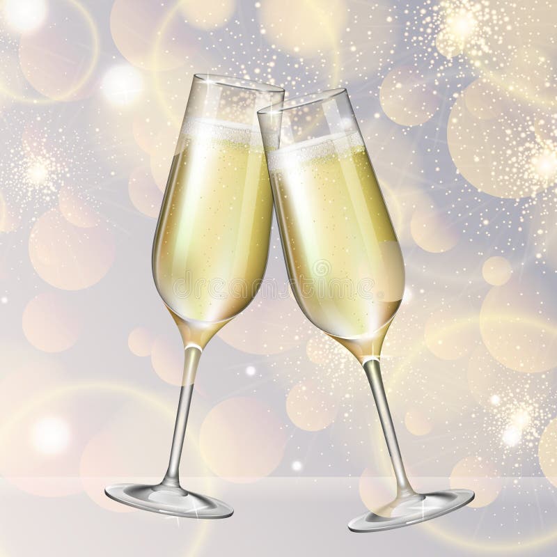 Realistic Vector Illustration of Champagne Glasses on Blurred Holiday