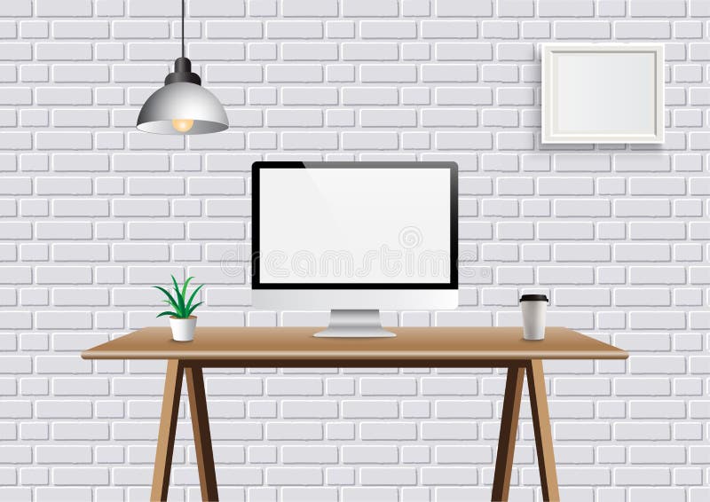 Realistic vector office creative space with display on desk table. Mockup workspace background with front view computer desktop stock illustration
