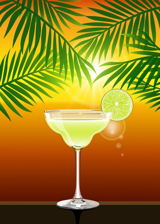 Realistic vector summer sunset poster with Margarita cocktail vector illustration Realistic vector summer sunset poster with Margarita cocktail vector illustration