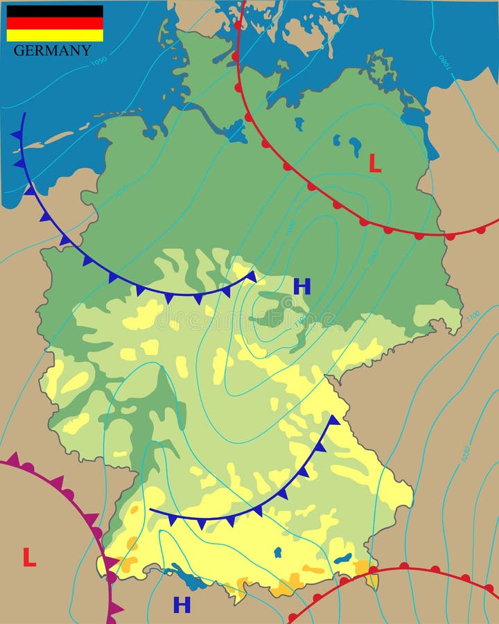 Realistic Weather Map of the Germany Showing Isobars and Weather Fronts. Meteorological Forecast
