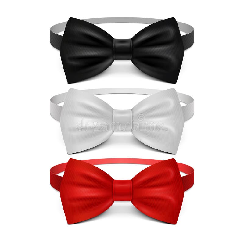 Realistic white, black and red bow tie vector set