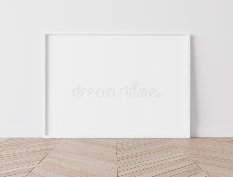 Realistic white frame, size A3 A4 on White Wall standing on wooden floor. Design Template for Mock Up stock illustration