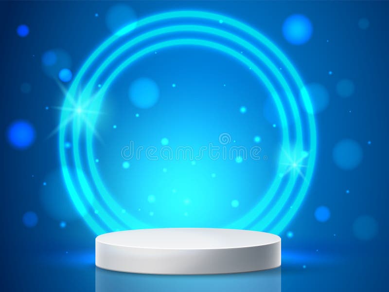 Realistic white stage podium with circular lighting. Bokeh glare and glow. Cylinder platform scene. Presentation empty stand. 3D round pedestal with shiny neon blue rings. Vector exhibition background. Lighting bokeh vectors