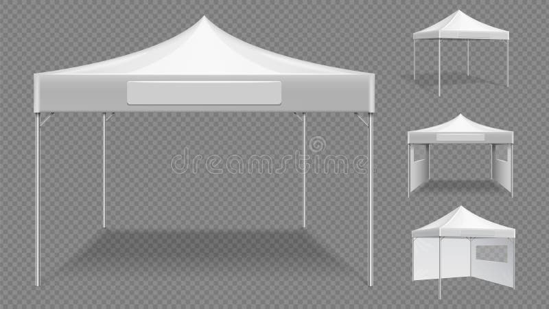 Realistic white tents. Empty folding marquee, market street stall vector template