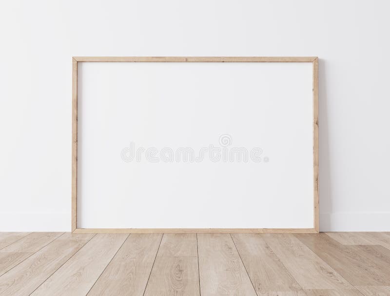 Frame mock up, Realistic wooden Blank frame, size A3 A4 on White Wall and standing on wooden floor