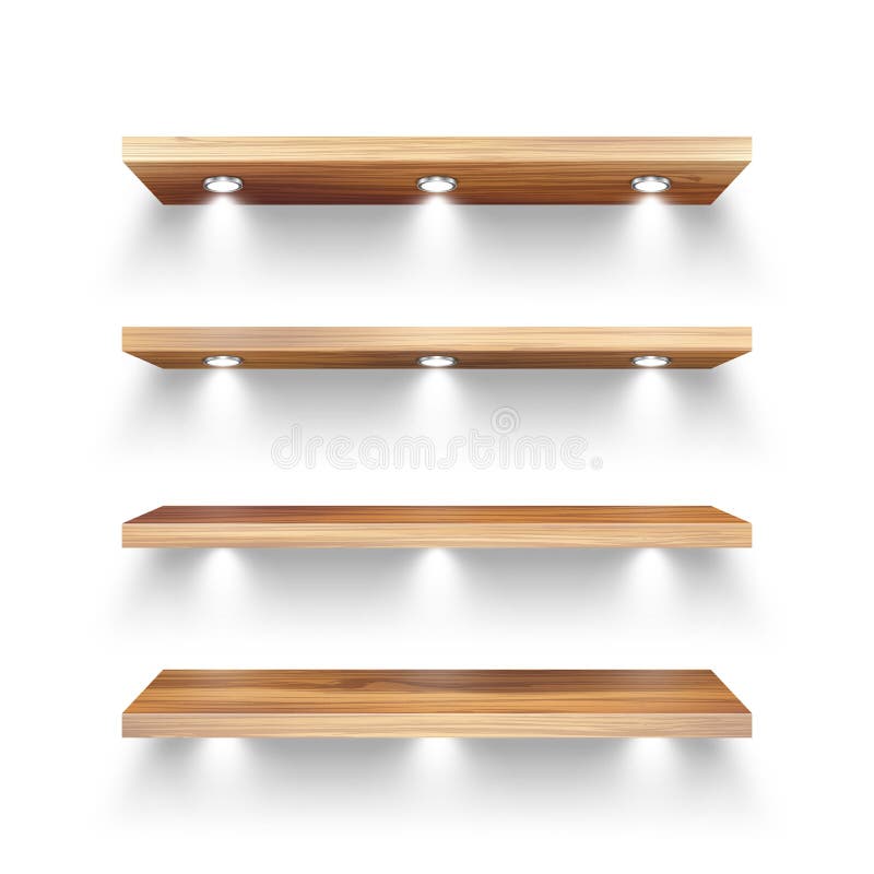 Realistic wooden store shelves with lighting, spotlights. Empty product shelf, grocery wall rack. Mall and supermarket vector illustration