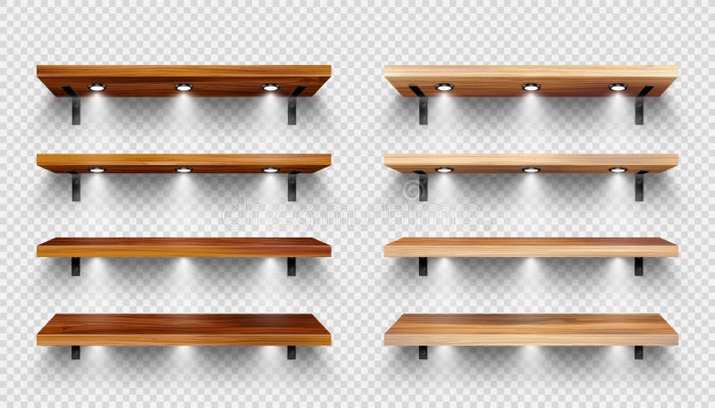 Realistic wooden store shelves with wall mount and lighting, spotlights. Empty product shelf, grocery wall rack. Mall royalty free illustration