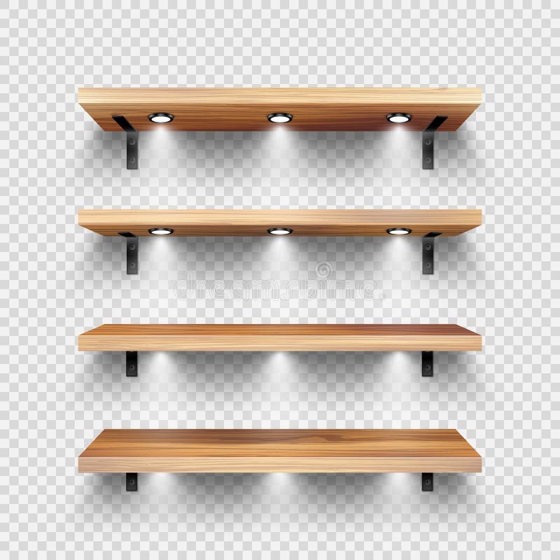 Realistic wooden store shelves with wall mount and lighting, spotlights. Empty product shelf, grocery wall rack. Mall stock illustration