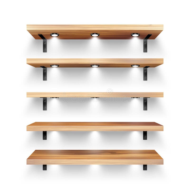 Realistic wooden store shelves with wall mount and lighting, spotlights. Empty product shelf, grocery wall rack. Mall stock illustration