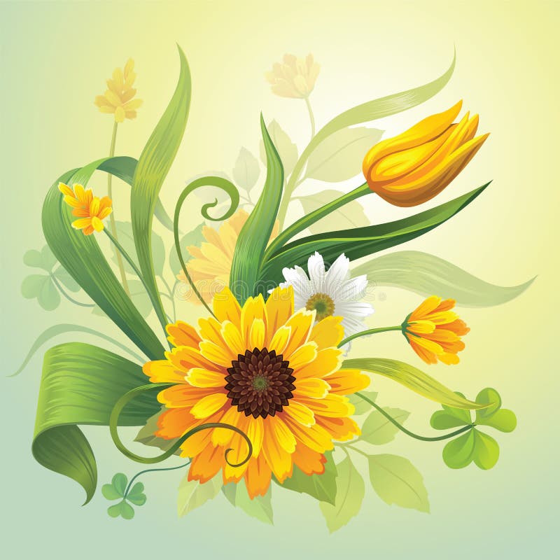 Realistic yellow flowers and green leaves