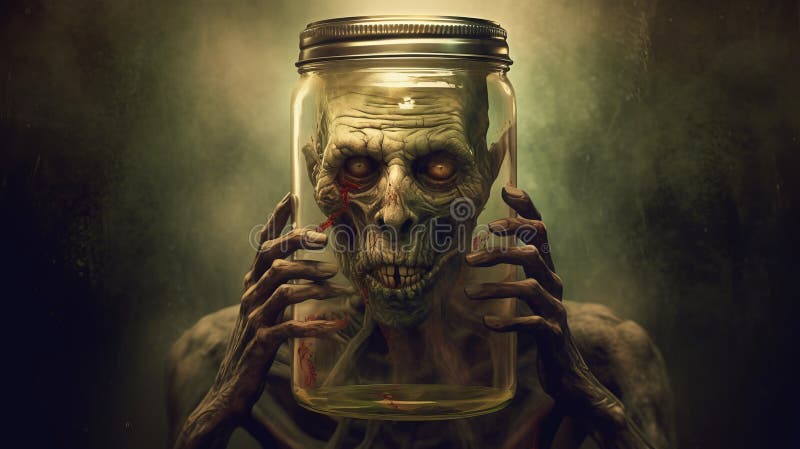 Realistic Zombie In Jar With Skull And Tears