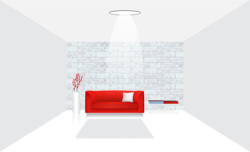 Realistisch binnenland met sofa en lijst tegen een bakstenen muur vector illustratie Realistisch binnenland met sofa en lijst tegen een bakstenen muur vector illustratie
