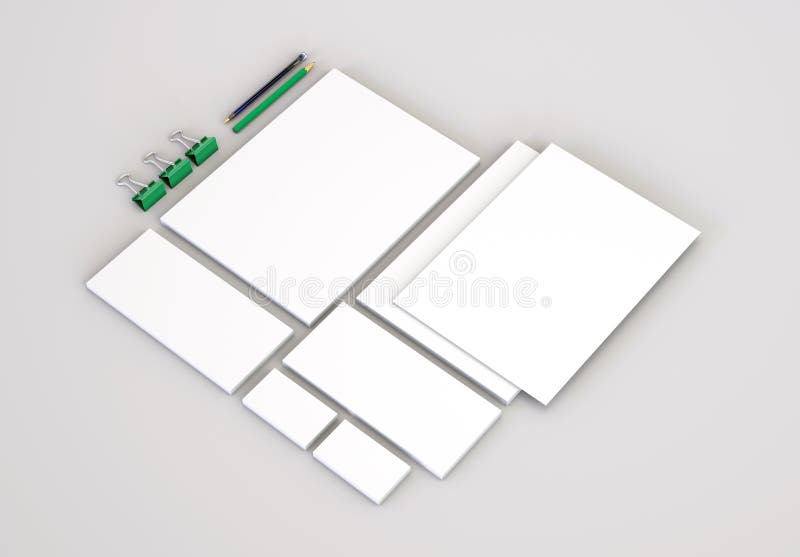 Realistische Briefpapier-Modelle eingestellt Briefkopf, Namenkarte, Umschlag, Darstellungsordner vektor abbildung Realistische Briefpapier-Modelle eingestellt Briefkopf, Namenkarte, Umschlag, Darstellungsordner vektor abbildung