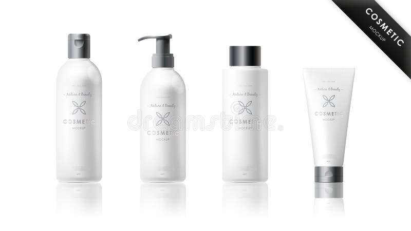 Realistische flessenreeks Kosmetisch merkmalplaatje vector illustratie Realistische flessenreeks Kosmetisch merkmalplaatje vector illustratie