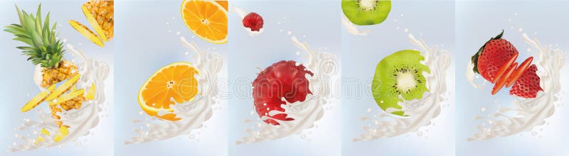Realistische Früchte Kiwi, Orange, Ananas, Himbeere, Erdbeere mit Milch spritzt nahes oben Abbildung des Vektor 3d set stock abbildung Realistische Früchte Kiwi, Orange, Ananas, Himbeere, Erdbeere mit Milch spritzt nahes oben Abbildung des Vektor 3d set stock abbildung