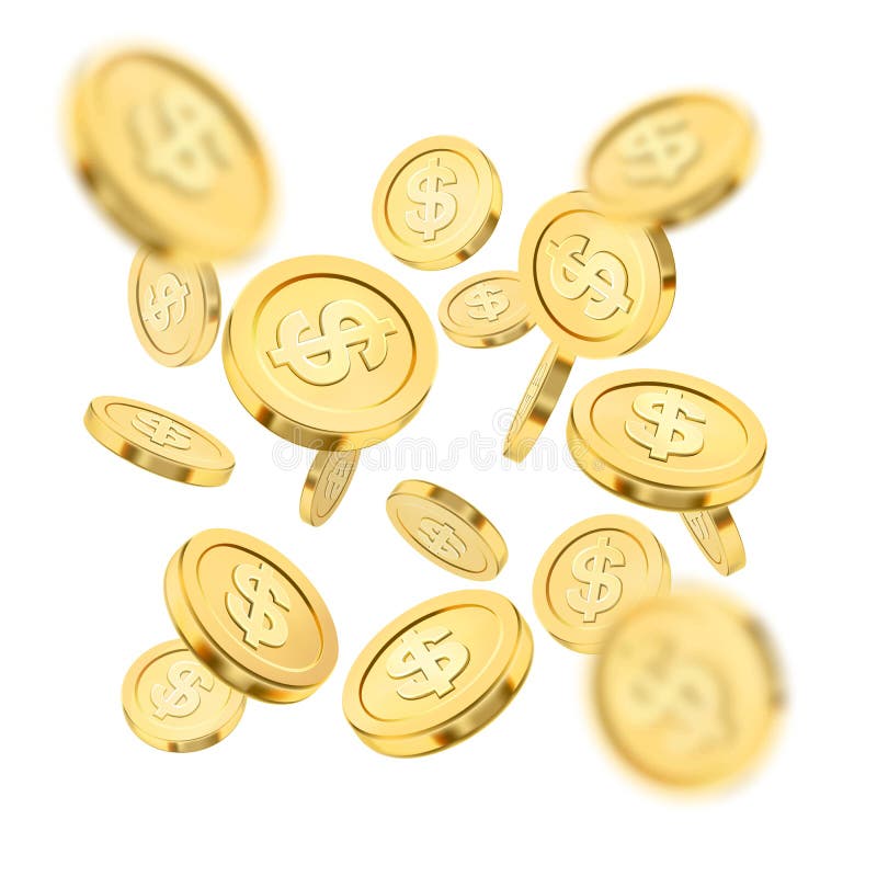 Realistische gouden muntstukexplosie of plons op witte achtergrond Regen van gouden muntstukken Dalend Geld Bingopot of